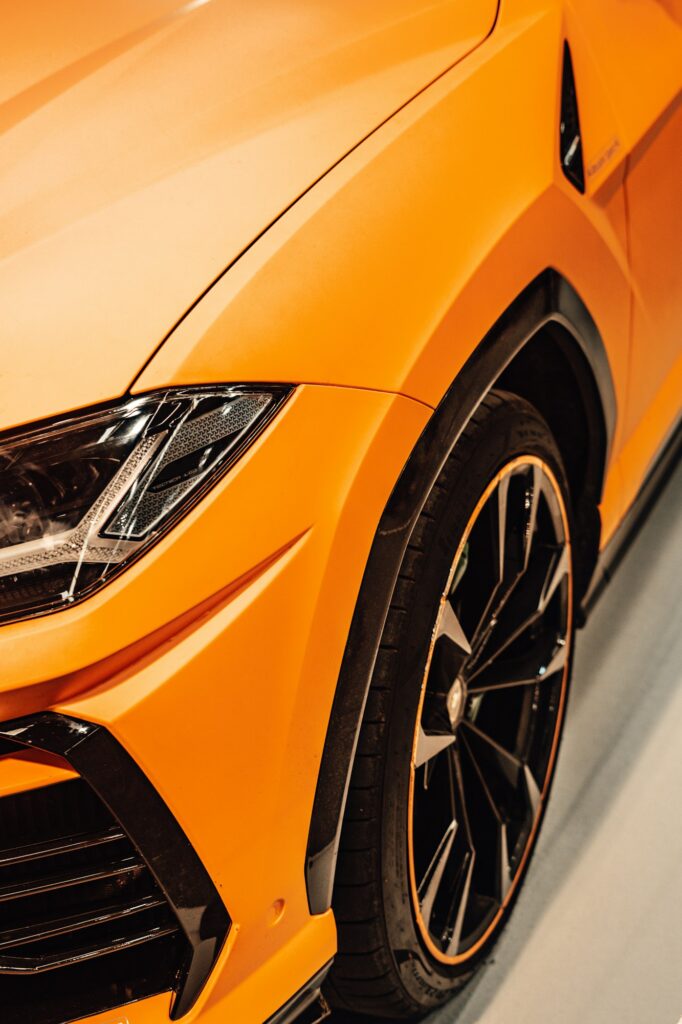 Detail of the front wheel of a sports car